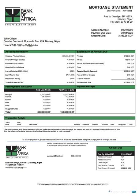 Download Niger Bank of Africa mortgage statement Word and PDF template Photoshop template